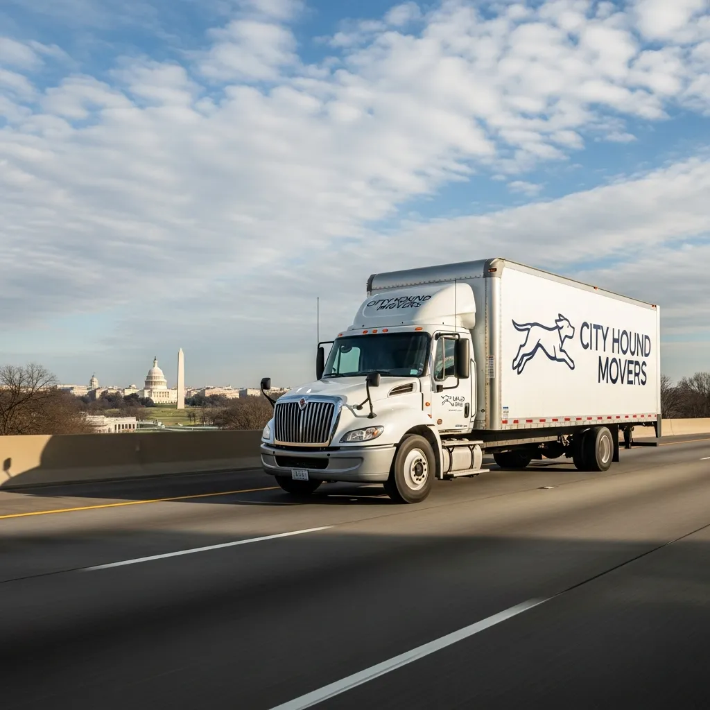 City Hound long-distance moving truck on the highway for an interstate move from Virginia