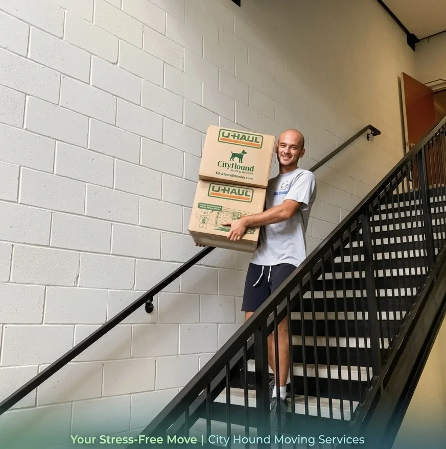 City Hound mover carrying boxes in a Washington DC building stairwell