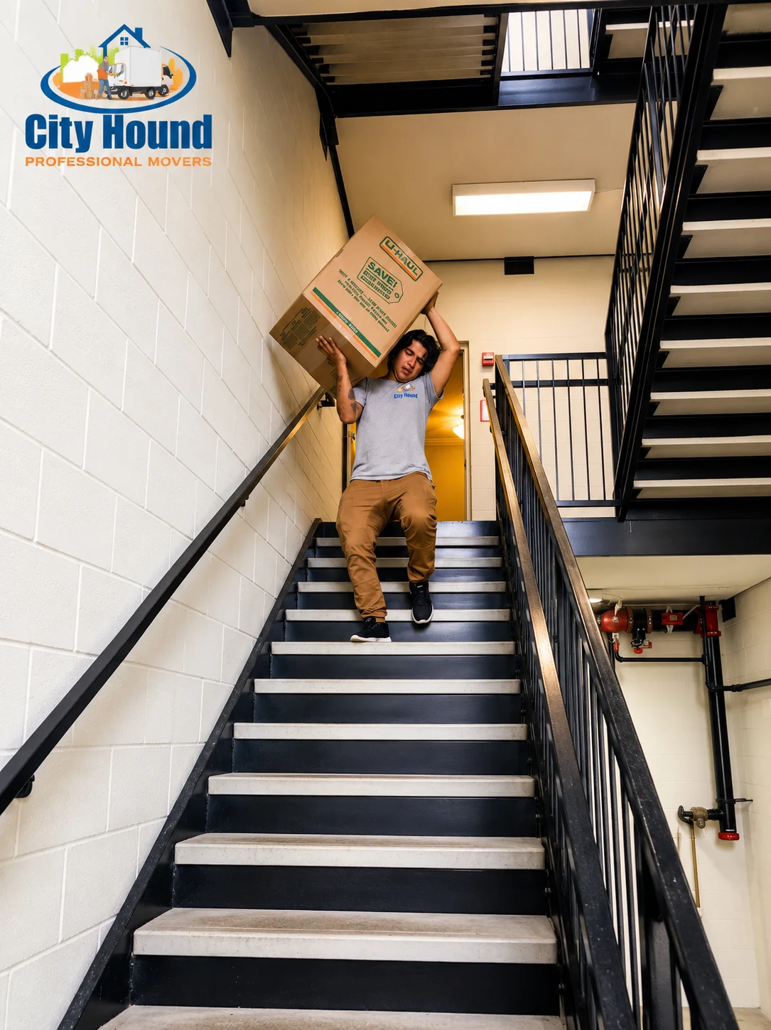 City Hound mover navigating an Arlington VA apartment building stairwell