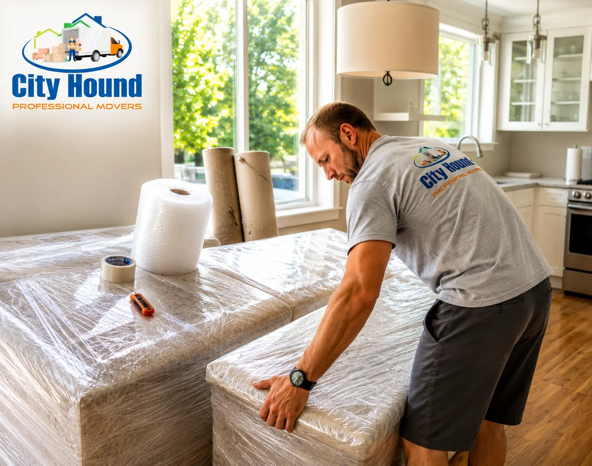 City Hound Professional Movers wrapping and packing kitchen items for a safe move